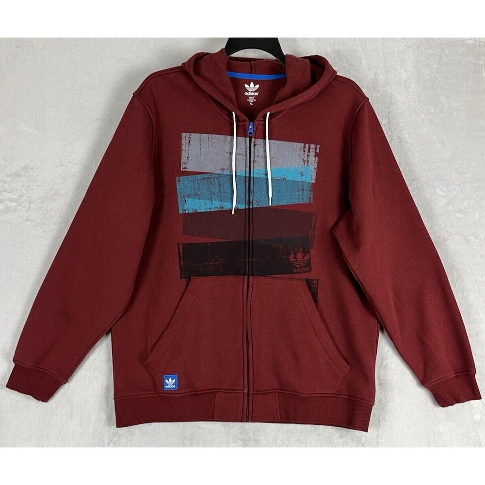 Adidas Hoodie Men XL Burgundy Trefoil Full Zip Fleece Kangaroo Pocket Sweatshirt